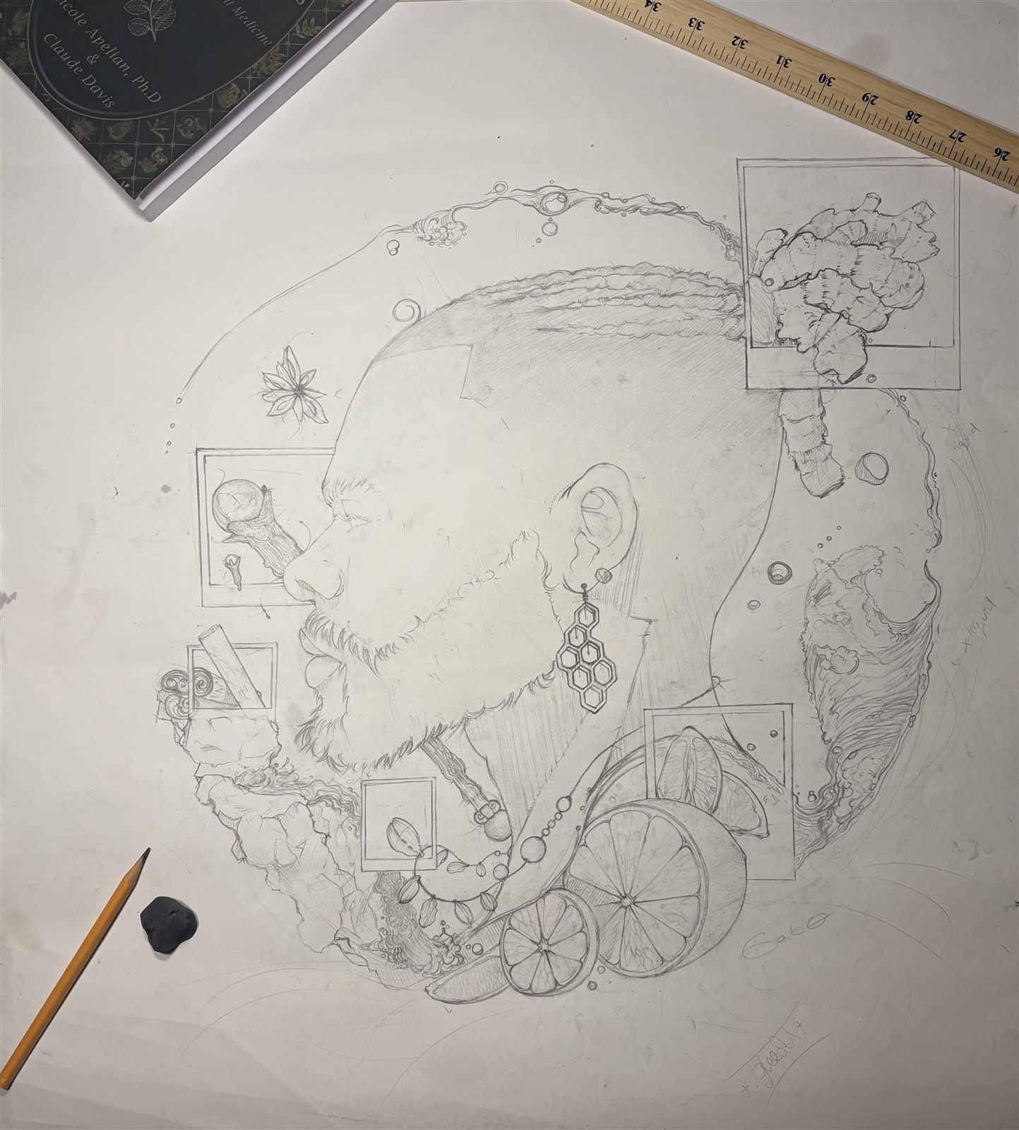 Hand-drawn pencil sketch of the GloryAde bottle label design