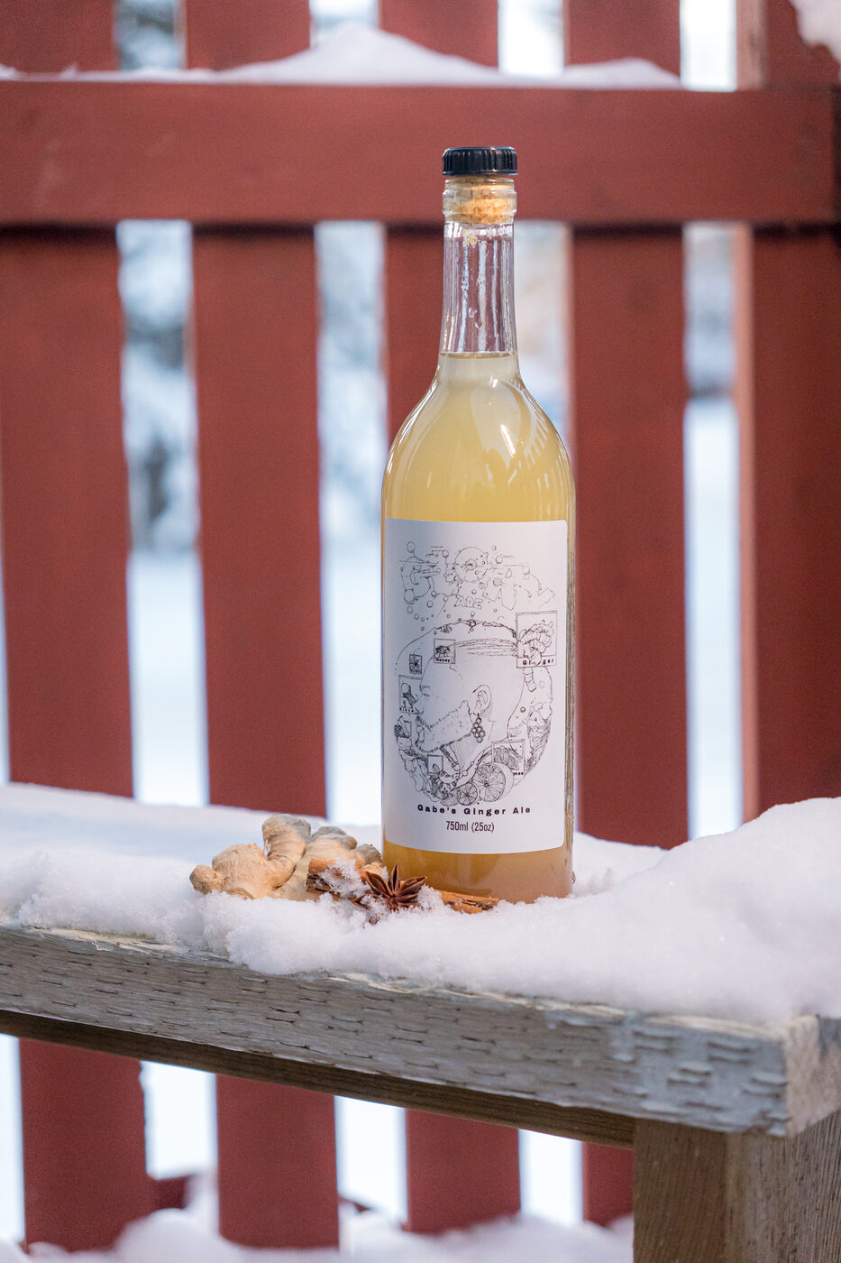Gabe's Ginger Ale bottle in the snow